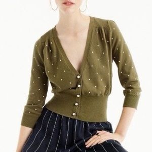 J Crew Olive Polka Dot Pearl Buttons Cardigan Sweater NEW Size Large